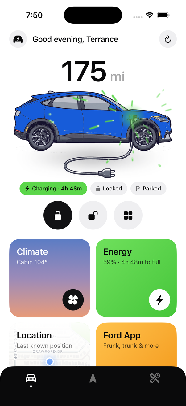 The Voltpony home screen showing estimated range, a Mach-E in Grabber Blue, and lock and preconditioning controls.